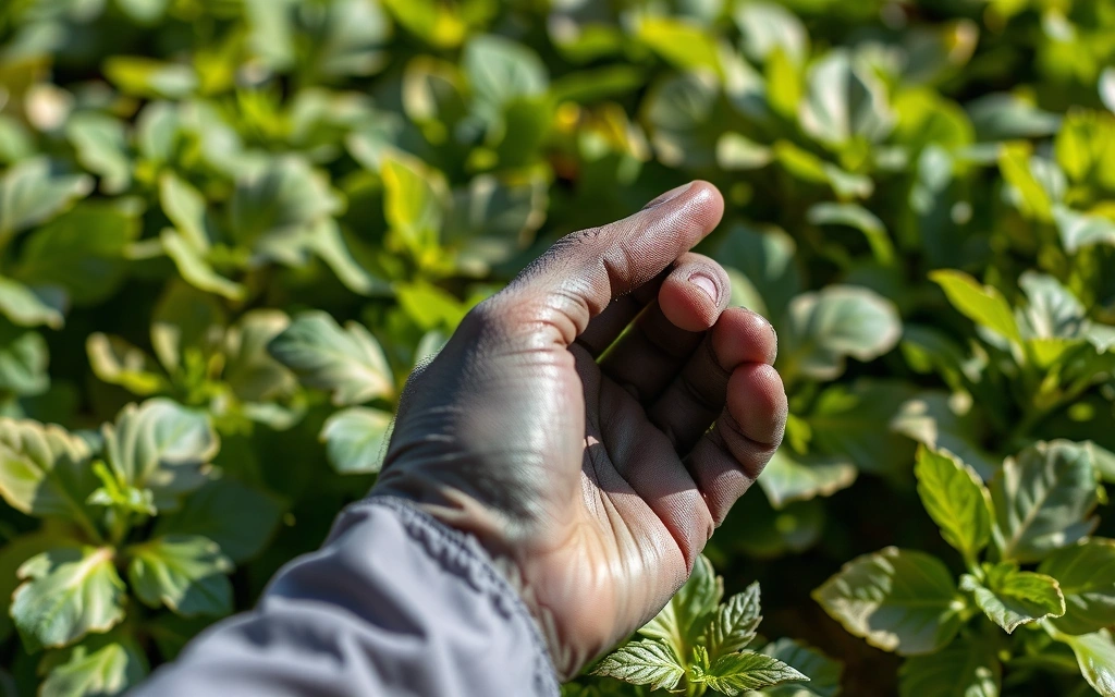 Hand selecting fresh organic herbs in a lush green field