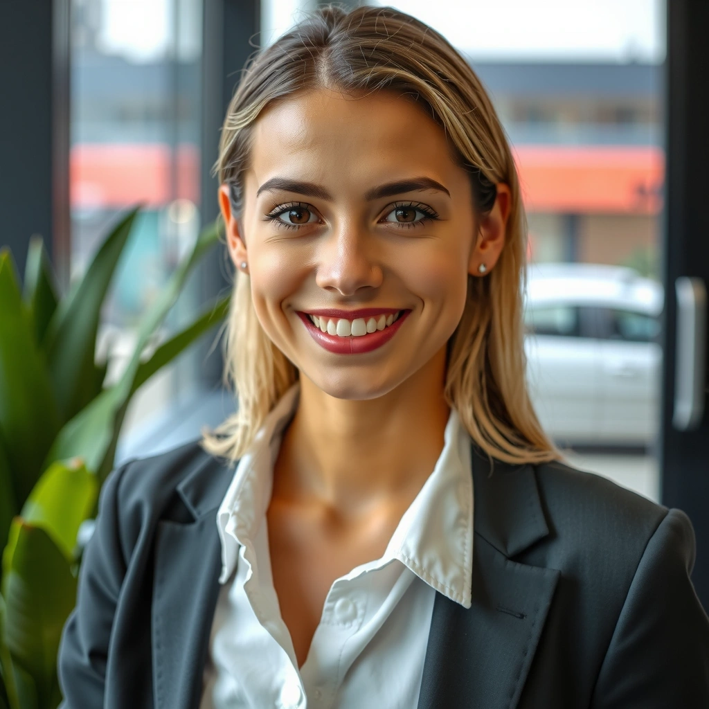 Portrait of a vibrant woman, Head of Customer Experience, exuding friendliness and helpfulness.