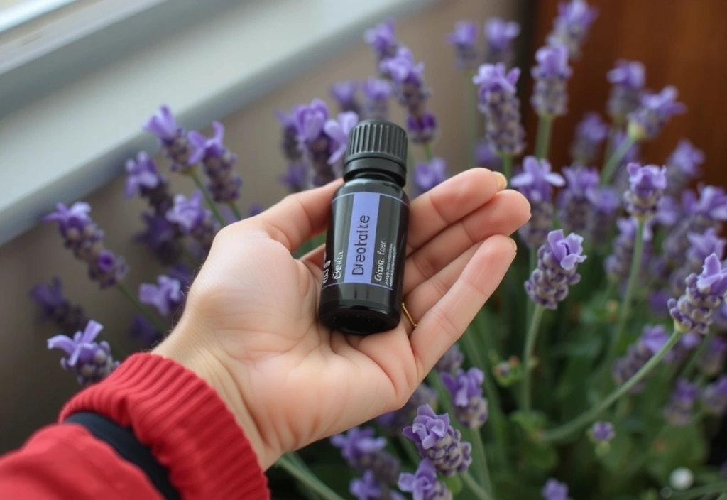 A hand holding a bottle of essential oil with lavender flowers, symbolizing aromatherapy