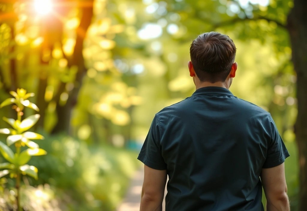 A person enjoying a peaceful morning walk in a forest, emphasizing the benefits of nature