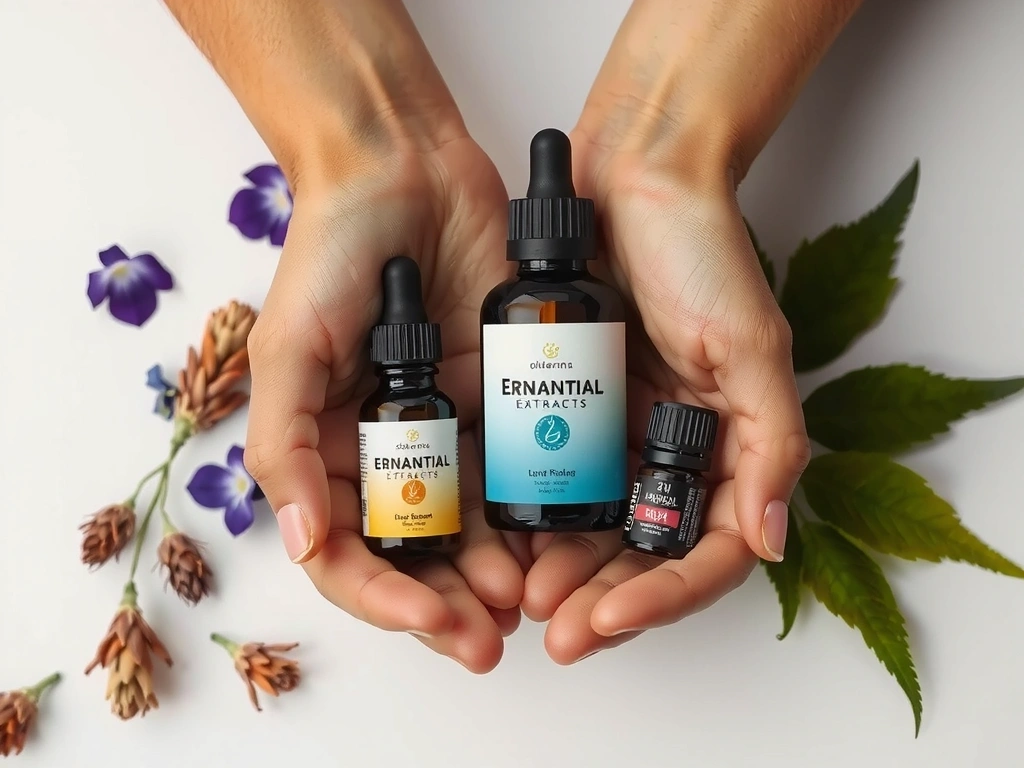 A serene image of hands gently holding a blend of natural botanical extracts and essential oils, symbolizing purity and natural wellness.